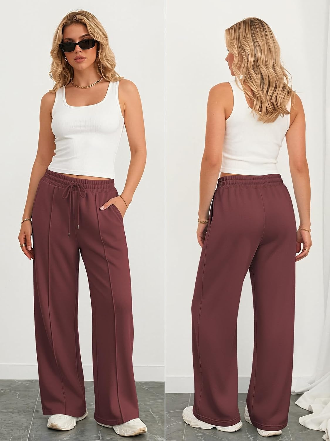 image:imageATHMILE Womens Wide Leg Sweatpants High Waisted Baggy Teen Girl PantsWine Red