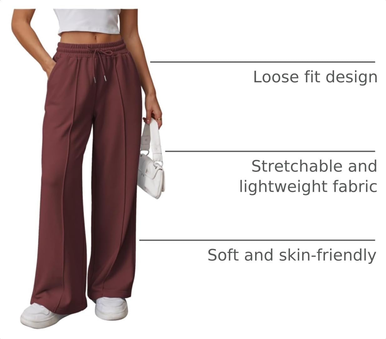 image:imageATHMILE Womens Wide Leg Sweatpants High Waisted Baggy Teen Girl PantsWine Red