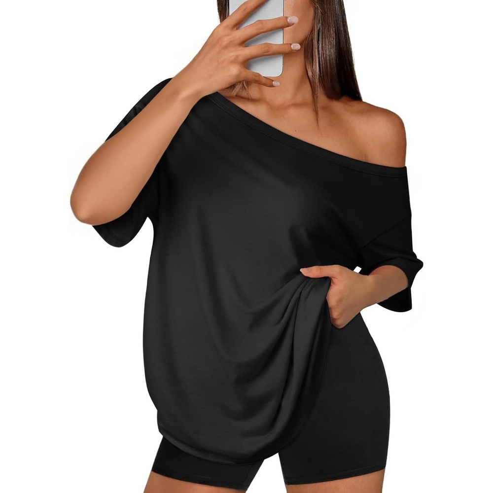 image:imageATHMILE Off The Shoulder Tops for Women 2026 Y2K Loose Fit Tops Oversized Tshirts Fashion Going Out Outfits Casual Basic Tees0black