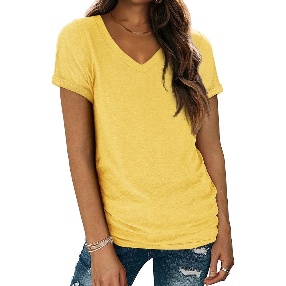 image:imageATHMILE T Womens Short Sleeve TShirts V Neck Summer Tops Basic TeesYellow