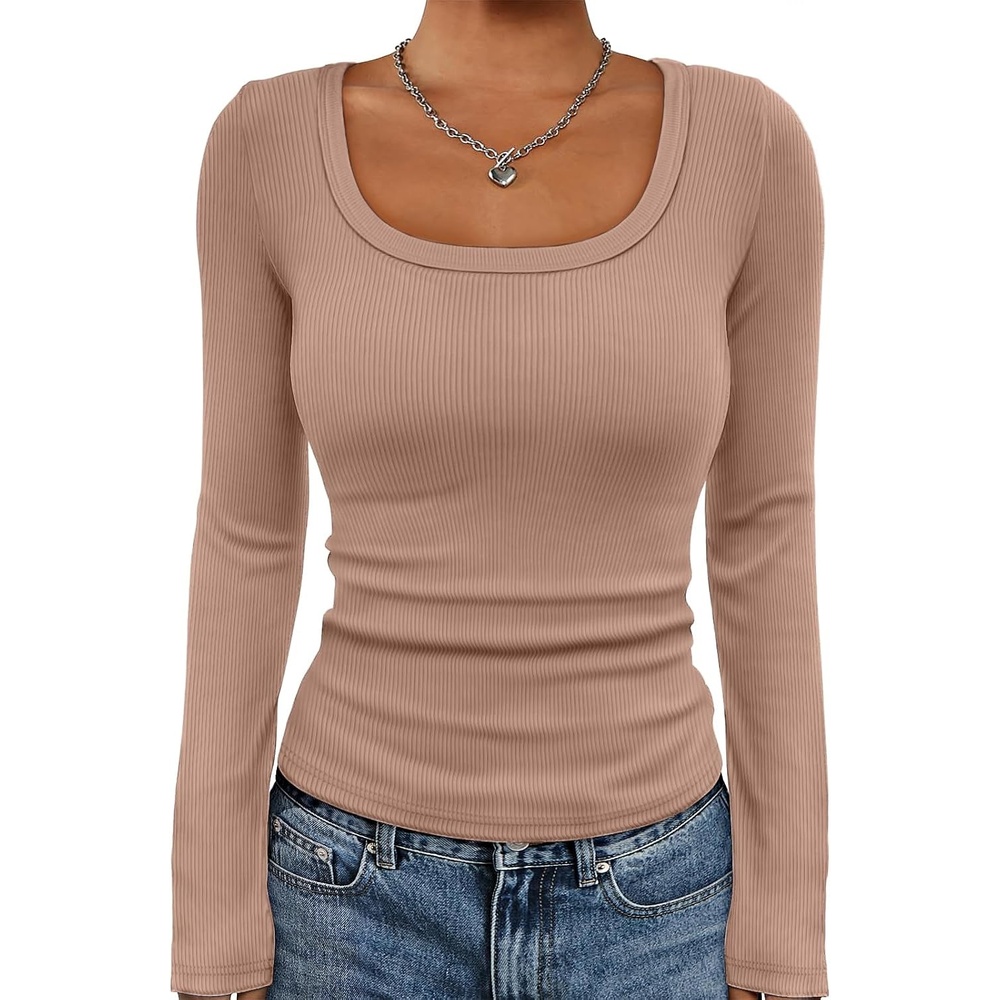 image:imageATHMILE Womens Scoop Neck Long Sleeve Tops Fashion Ribbed Knit Shirts Slim Fitted Casual Basic Tee T Shirt for Women 2026Apink