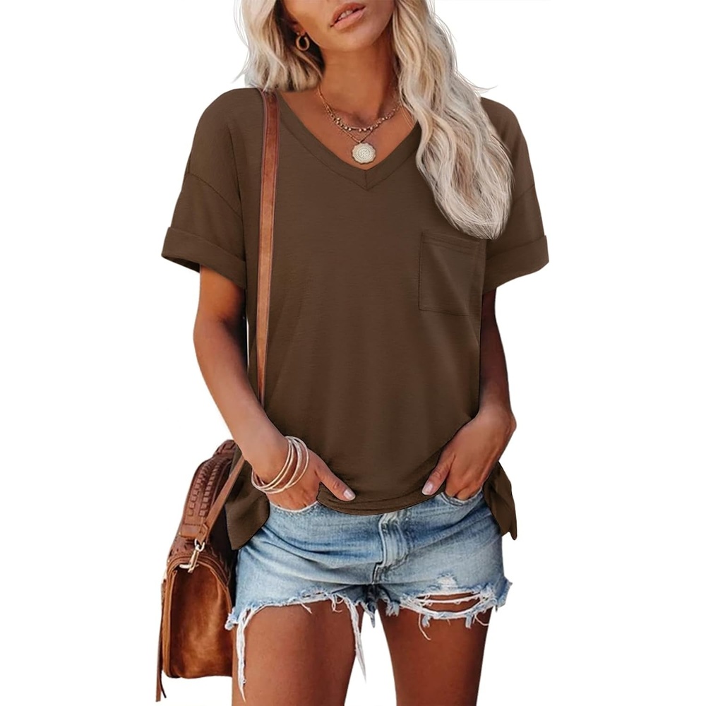 image:imageATHMILE Womens T Shirts Short Sleeve V Neck Summer Tops Basic TeesBrown