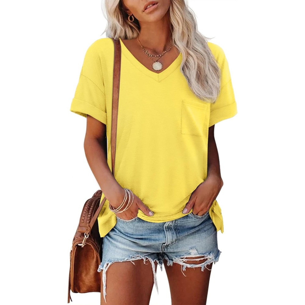 image:imageATHMILE Womens T Shirts Short Sleeve V Neck Summer Tops Basic TeesLemon Yellow