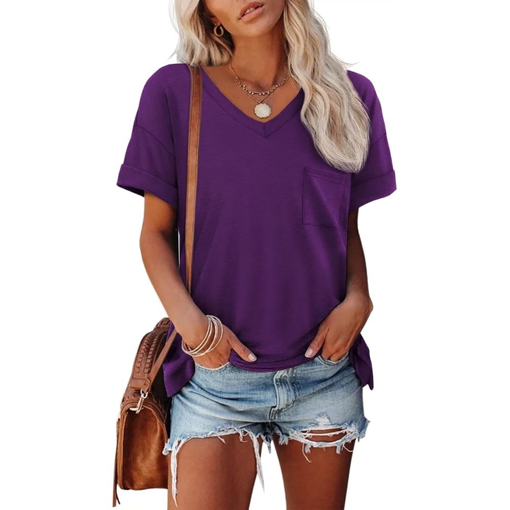 image:imageATHMILE Womens T Shirts Short Sleeve V Neck Summer Tops Basic TeesPurple