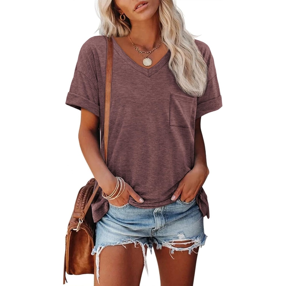 image:imageATHMILE Womens T Shirts Short Sleeve V Neck Summer Tops Basic TeesWine Red