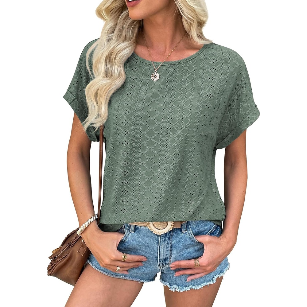 image:imageATHMILE Womens Tunics Loose Fit Dressy Blouses Summer Short Sleeve Tops with Curved Hem Beach Vacation Clothes for WomenGrey Green