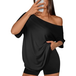 ATHMILE Off The Shoulder Tops for Women 2026 Y2K Loose Fit Tops Oversized Tshirts Fashion Going Out Outfits Casual Basic Tees(0-black)