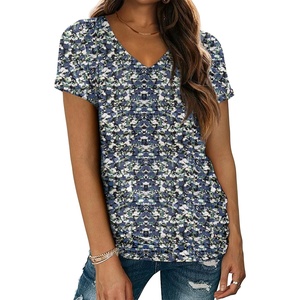 ATHMILE T Womens Short Sleeve T-Shirts V Neck Summer Tops Basic Tees(Blue Flower)