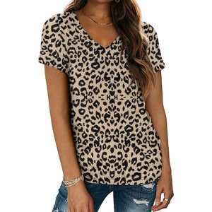 ATHMILE T Womens Short Sleeve T-Shirts V Neck Summer Tops Basic Tees(Leopard)