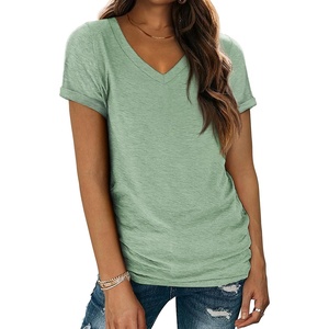 ATHMILE T Womens Short Sleeve T-Shirts V Neck Summer Tops Basic Tees(Lightgreen)