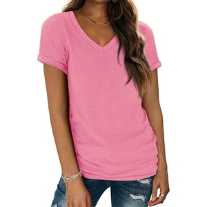 ATHMILE T Womens Short Sleeve T-Shirts V Neck Summer Tops Basic Tees(Pink)