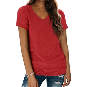 ATHMILE T Womens Short Sleeve T-Shirts V Neck Summer Tops Basic Tees(Red)