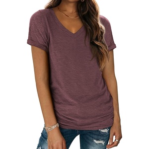 ATHMILE T Womens Short Sleeve T-Shirts V Neck Summer Tops Basic Tees(Winered)