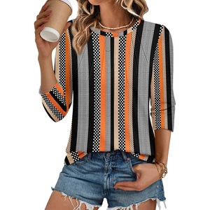 ATHMILE Womens 3/4 Length Sleeve Womens Tops Basic Tees(Khaki Stripe)