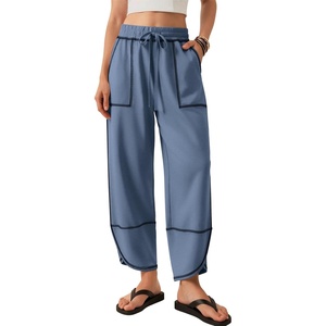 ATHMILE Womens Barrel Sweatpants Baggy Wide Leg Drawstring Lounge Track Sweat Palazzo Harem Pants with Pockets(Blue)