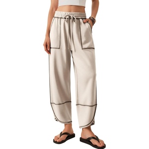 ATHMILE Womens Barrel Sweatpants Baggy Wide Leg Drawstring Lounge Track Sweat Palazzo Harem Pants with Pockets(Lightkhaki)