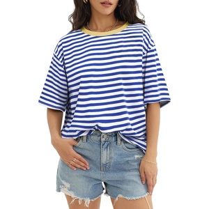 ATHMILE Womens Oversized T Shirts Short Sleeve Workout Tops(Striped (Blue & White))