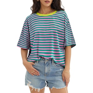 ATHMILE Womens Oversized T Shirts Short Sleeve Workout Tops(Striped (Pink & Green))