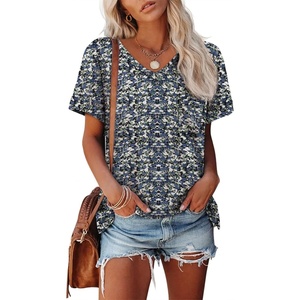 ATHMILE Womens T Shirts Short Sleeve V Neck Summer Tops Basic Tees(Blue Flowers)