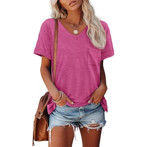 ATHMILE Womens T Shirts Short Sleeve V Neck Summer Tops Basic Tees(Hot Pink)
