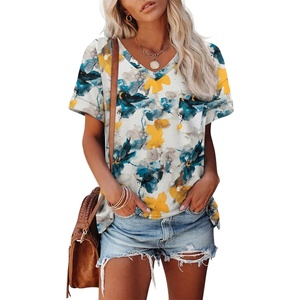 ATHMILE Womens T Shirts Short Sleeve V Neck Summer Tops Basic Tees(Multi Teal)