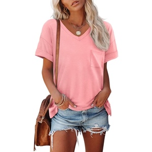 ATHMILE Womens T Shirts Short Sleeve V Neck Summer Tops Basic Tees(Pink)