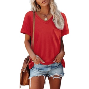 ATHMILE Womens T Shirts Short Sleeve V Neck Summer Tops Basic Tees(Red)