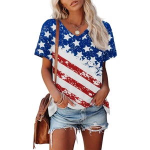 ATHMILE Womens T Shirts Short Sleeve V Neck Summer Tops Basic Tees(Usa Flag)