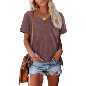 ATHMILE Womens T Shirts Short Sleeve V Neck Summer Tops Basic Tees(Wine Red)