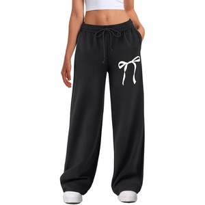ATHMILE Women’s Wide Leg Sweatpants High Waisted Baggy Interior Drawstring Joggers Straight Leg Sweat Pants with Pockets(Black-bow Print)