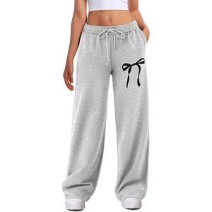 ATHMILE Women’s Wide Leg Sweatpants High Waisted Baggy Interior Drawstring Joggers Straight Leg Sweat Pants with Pockets(Grey-bow Print)