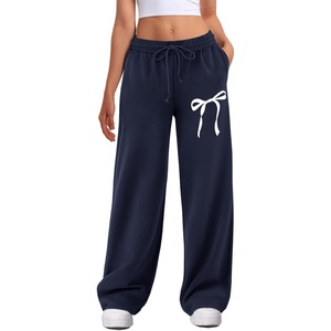 ATHMILE Women’s Wide Leg Sweatpants High Waisted Baggy Interior Drawstring Joggers Straight Leg Sweat Pants with Pockets(Navy Blue-bow Print)